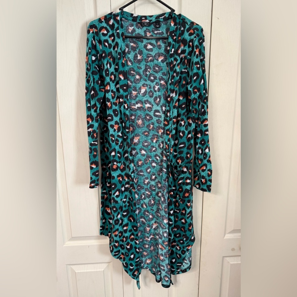 Teal/green Leopard Print Long Cardigan